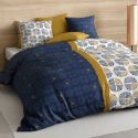 Parure housse de couette 240x220cm + 2 taies motif graphique bleu et ocre 100% coton - RUFUS