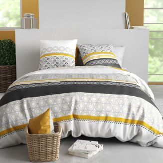 Parure housse de couette 260x240cm + 2 taies motif blanc gris et jaune 100% coton - IPSAR