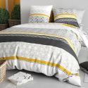 Parure housse de couette 260x240cm + 2 taies motif blanc gris et jaune 100% coton - IPSAR