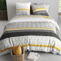 Parure housse de couette 260x240cm + 2 taies motif blanc gris et jaune 100% coton - IPSAR