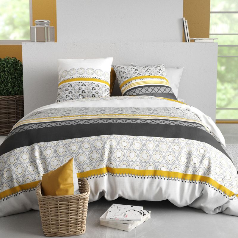 Parure housse de couette 240x220cm + 2 taies motif blanc gris et jaune 100% coton - IPSAR