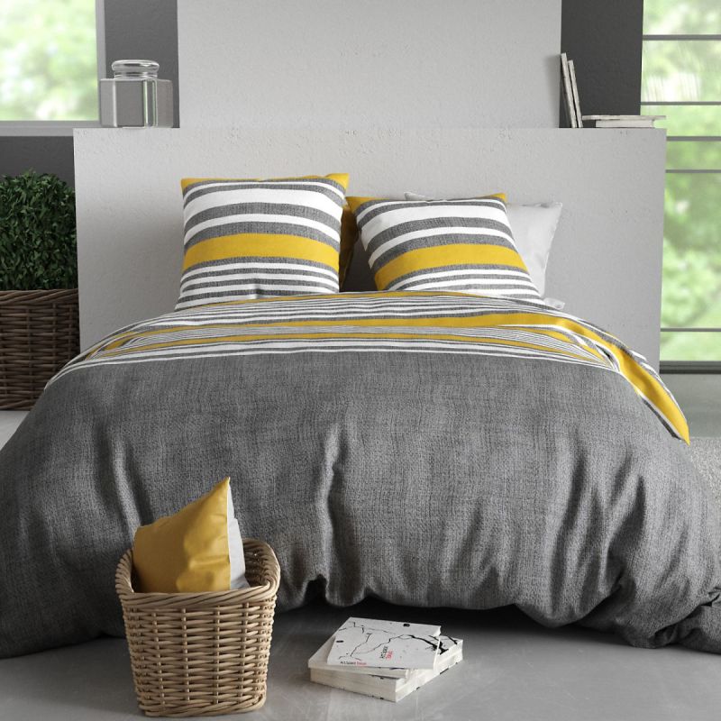 Parure housse de couette 260x240cm + 2 taies motif rayé gris et jaune 100% coton - STORY