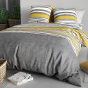 Parure housse de couette 260x240cm + 2 taies motif rayé gris et jaune 100% coton - STORY