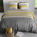 Parure housse de couette 260x240cm + 2 taies motif rayé gris et jaune 100% coton - STORY