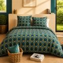 Parure housse de couette 240x220cm + 2 taies motif art-déco bleu et jaune 100% coton - LIRIKA