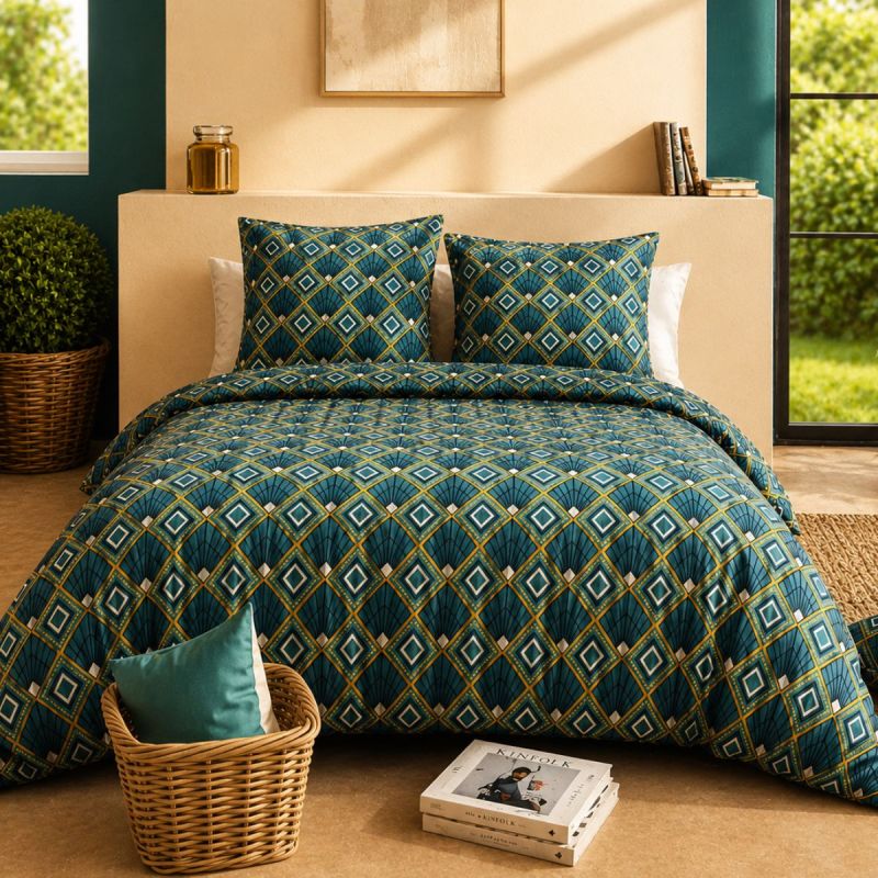 Parure housse de couette 240x220cm + 2 taies motif art-déco bleu et jaune 100% coton - LIRIKA