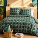 Parure housse de couette 240x220cm + 2 taies motif art-déco bleu et jaune 100% coton - LIRIKA