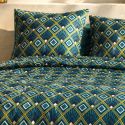 Parure housse de couette 240x220cm + 2 taies motif art-déco bleu et jaune 100% coton - LIRIKA
