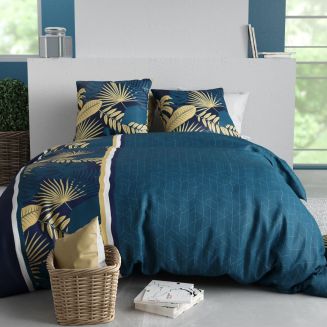 Parure housse de couette 260x240cm + 2 taies motif tropical bleu 100% coton - OPHRA