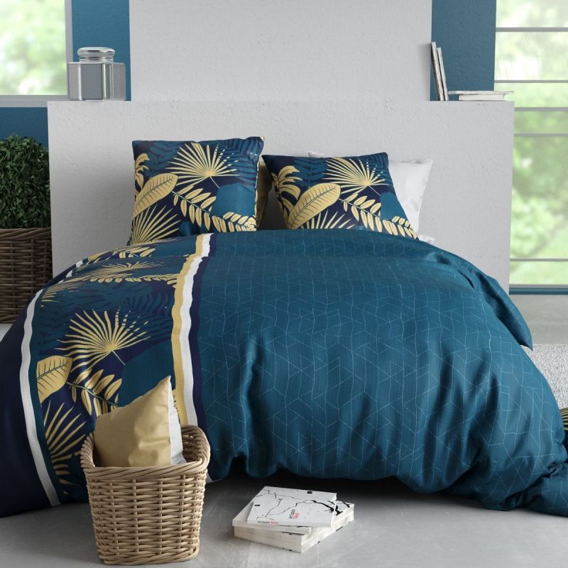 Parure housse de couette 240x220cm + 2 taies motif tropical bleu 100% coton - OPHRA