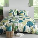 Parure housse de couette 240x220cm + 2 taies motif tropical vert et blanc 100% coton - PIKILIA