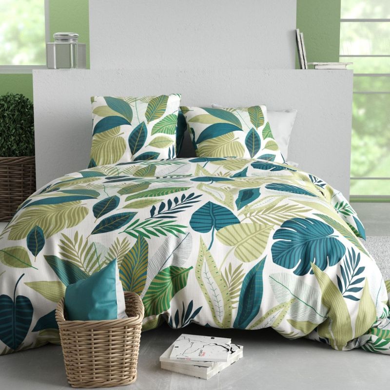 Parure housse de couette 240x220cm + 2 taies motif tropical vert et blanc 100% coton - PIKILIA
