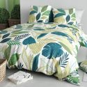 Parure housse de couette 240x220cm + 2 taies motif tropical vert et blanc 100% coton - PIKILIA