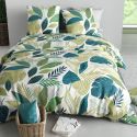 Parure housse de couette 240x220cm + 2 taies motif tropical vert et blanc 100% coton - PIKILIA