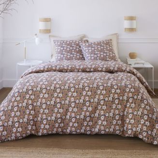 Parure housse de couette 240x220cm + 2 taies motif fleuri marron 100% gaze de coton - ADIGE