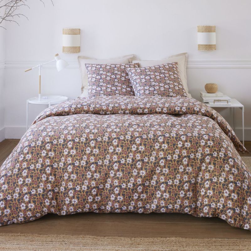 Parure housse de couette 260x240cm + 2 taies motif fleuri marron 100% gaze de coton - ADIGE