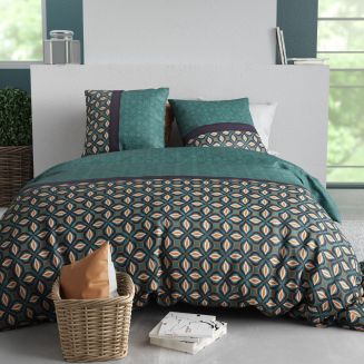 Parure housse de couette 240x220cm + 2 taies motif art-déco vert 100% coton - SALMAN