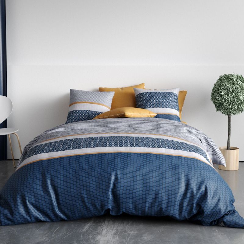 Parure housse de couette 260x240cm + 2 taies motif graphique bleu 100% coton - ZOELIA