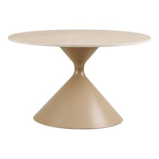 Table basse Ø70cm plateau en céramique aspect travertin pied en métal beige - RIVAGE