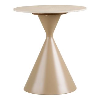 Bout de canapé Ø50cm plateau en céramique aspect travertin pied en métal beige - RIVAGE