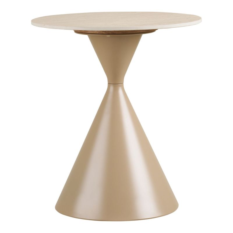 Bout de canapé Ø50cm plateau en céramique aspect travertin pied en métal beige - RIVAGE