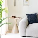 Bout de canapé Ø50cm plateau en céramique aspect travertin pied en métal beige - RIVAGE