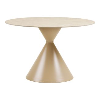 Table repas Ø120cm plateau en céramique aspect travertin pied en métal beige - RIVAGE