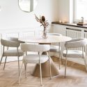 Table repas Ø120cm plateau en céramique aspect travertin pied en métal beige - RIVAGE