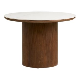 Table basse Ø60cm plateau en céramique aspect marbre pied placage frêne teinté - NELLY