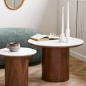 Table basse Ø60cm plateau en céramique aspect marbre pied placage frêne teinté - NELLY