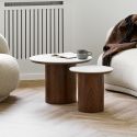 Table basse Ø60cm plateau en céramique aspect marbre pied placage frêne teinté - NELLY