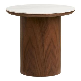Bout de canapé Ø40cm plateau en céramique aspect marbre pied placage frêne teinté - NELLY