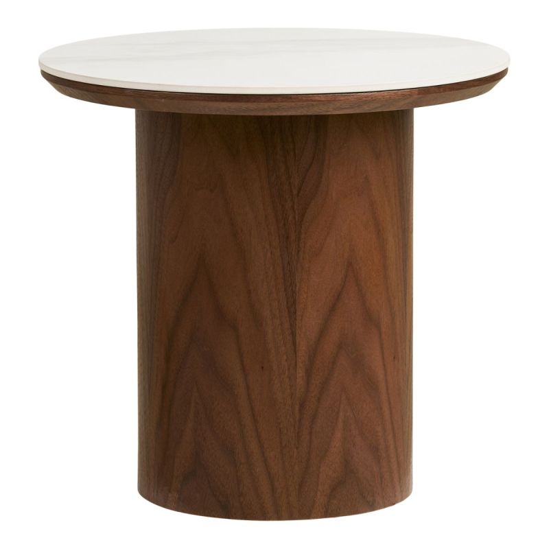 Bout de canapé Ø40cm plateau en céramique aspect marbre pied placage frêne teinté - NELLY