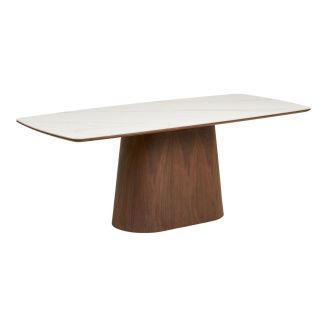 Table repas 200cm plateau en céramique aspect marbre pied placage frêne teinté - NELLY