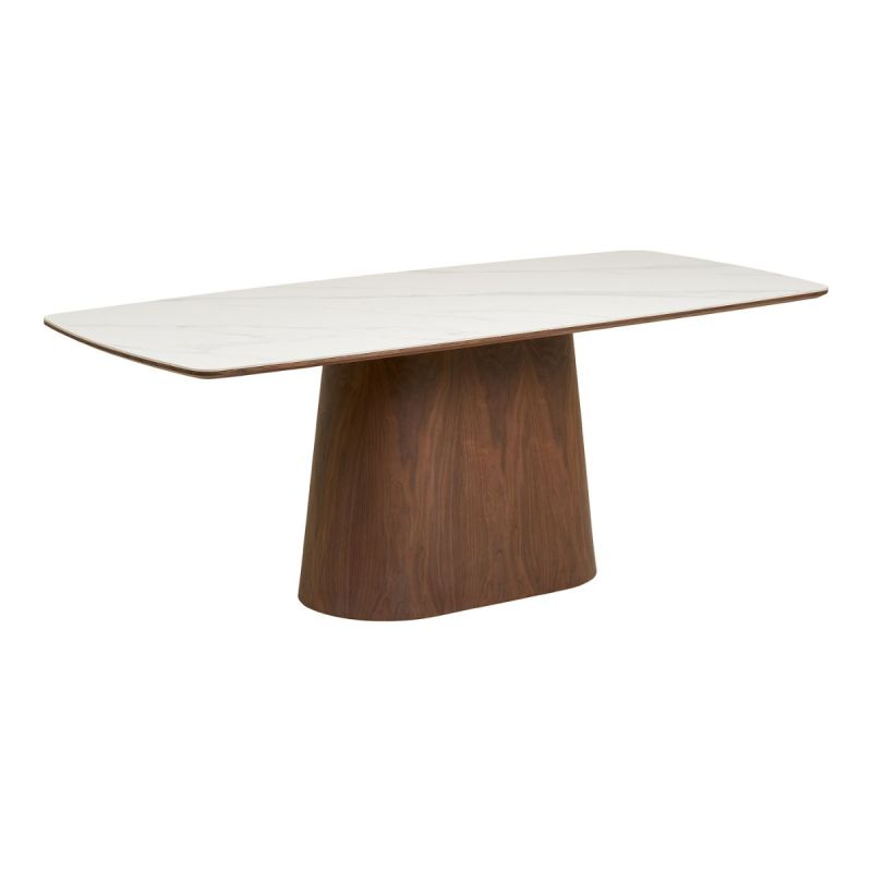 Table repas 200cm plateau en céramique aspect marbre pied placage frêne teinté - NELLY