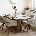 Table repas 200cm plateau en céramique aspect marbre pied placage frêne teinté - NELLY