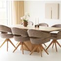 Table repas 200cm plateau en céramique aspect travertin pied placage frêne naturel - LYKKE