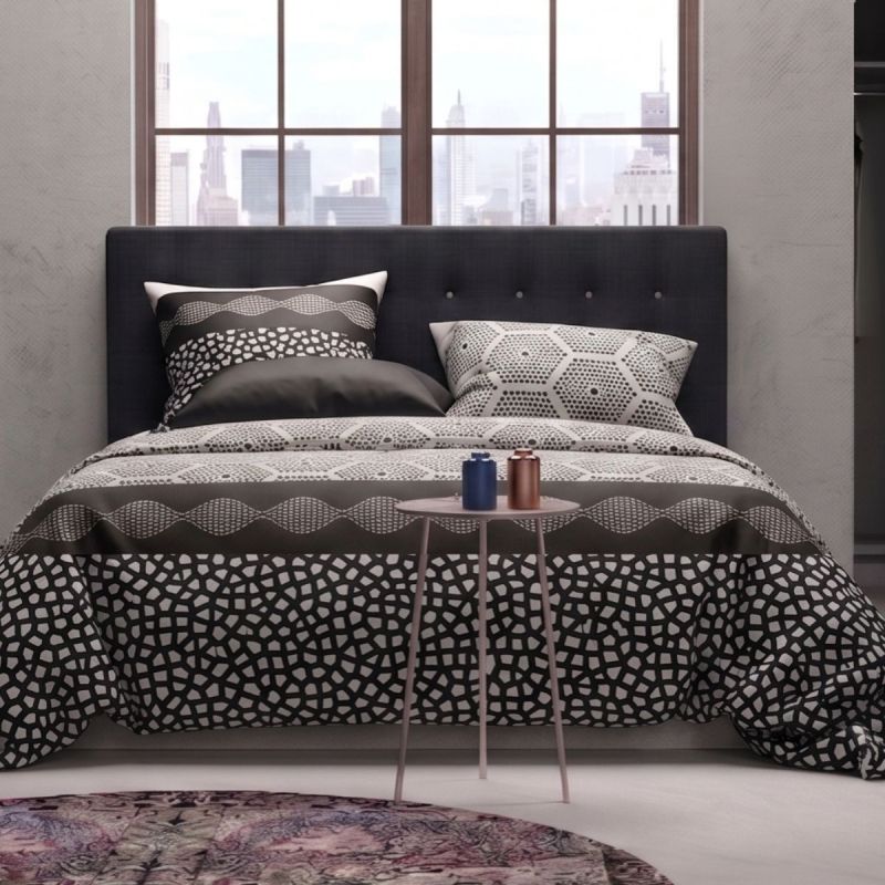 Parure housse de couette 260x240cm + 2 taies motif graphique gris perle et noir 100% coton - NAZIM