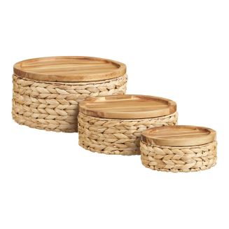 Lot de 3 paniers en jacinthe naturelle tressé avec couvercle en bois - BOLIVIA