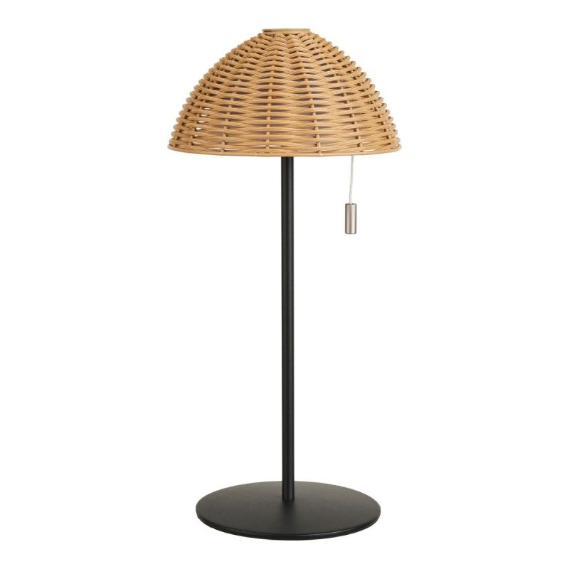 Lampe à poser extérieure rechargeable imitation rotin et pied métal noir - WILOW