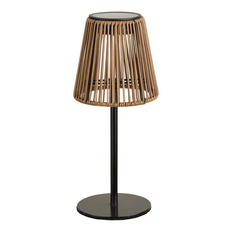 Lampe solaire à poser imitation rotin pied en métal noir - STANFORD
