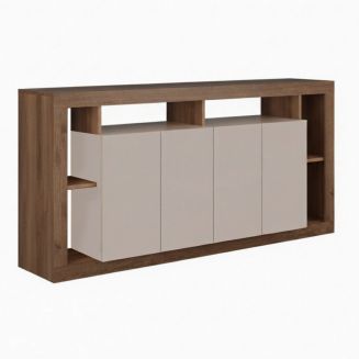 Buffet 4 portes avec encadrement 6 niches beige et aspect bois finition Mercure - LIMANI