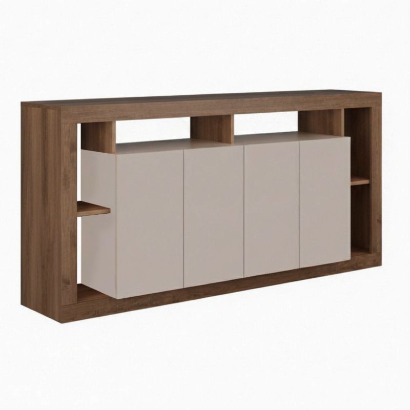 Buffet 4 portes avec encadrement 6 niches beige et aspect bois finition Mercure - LIMANI
