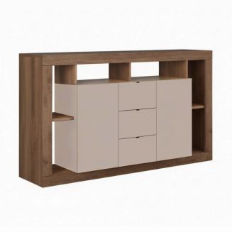 Buffet 2 portes 3 tiroirs avec encadrement 6 niches beige et aspect bois finition Mercure - LIMANI
