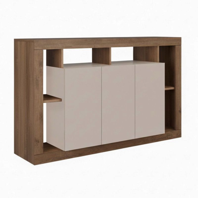 Buffet 3 portes avec encadrement 6 niches beige et aspect bois finition Mercure - LIMANI
