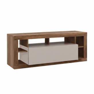 Meuble TV 1 porte avec encadrement 6 niches beige et aspect bois finition Mercure - LIMANI