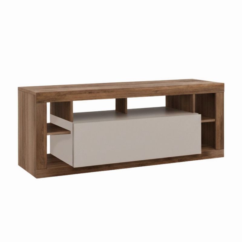 Meuble TV 1 porte avec encadrement 6 niches beige et aspect bois finition Mercure - LIMANI