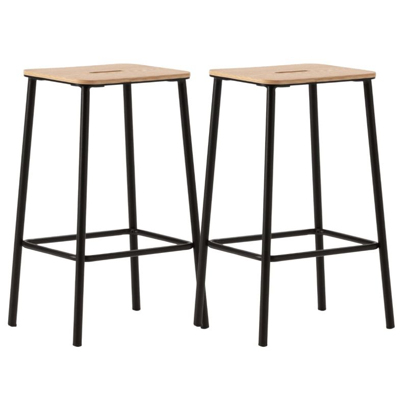 Lot de 2 tabourets de bar H65cm en bois naturel pied en métal noir - BAHIA