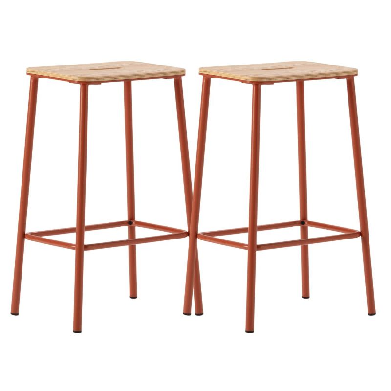 Lot de 2 tabourets de bar H65cm en bois naturel pied en métal brique - BAHIA