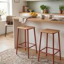 Lot de 2 tabourets de bar H65cm en bois naturel pied en métal brique - BAHIA